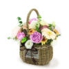 Arrangement of Gerberas, Eustoma, Ping Pong Chrysanthemum and a plenty of greens. Comes in a Rattan Flower Basket.