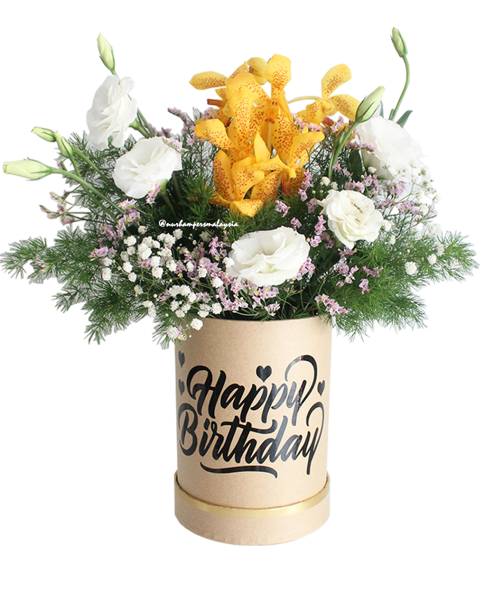 Petite yellow and white flower hatbox with orchid