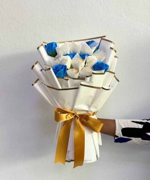 Elegant Blue White Soap Rose Ferrero Bouquet