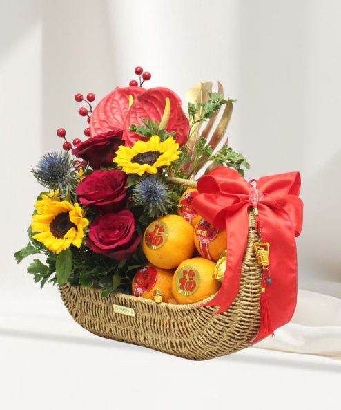 CNY Golden Mandarin Fruit (28pcs) & Flower Basket - Image 2